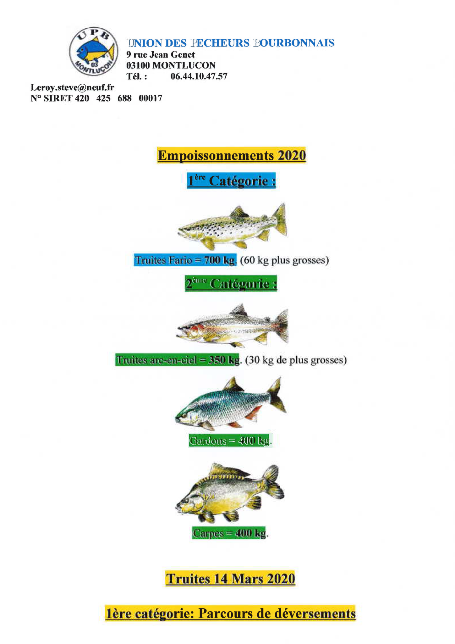 Affiche déversements poissons AAPPMA Montluçon année 2020