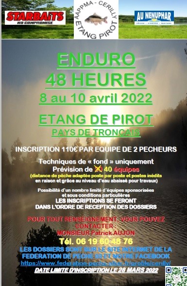 Enduro carpe de 48h00 au plan d’eau de Pirot du 08 au 10 avril 2022