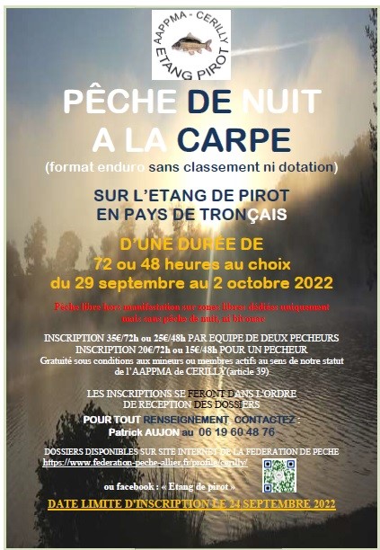 Pêche de nuit à la carpe sur inscription 72h/48h au plan d’eau de Pirot du 29 septembre au 02 octobre 2022
