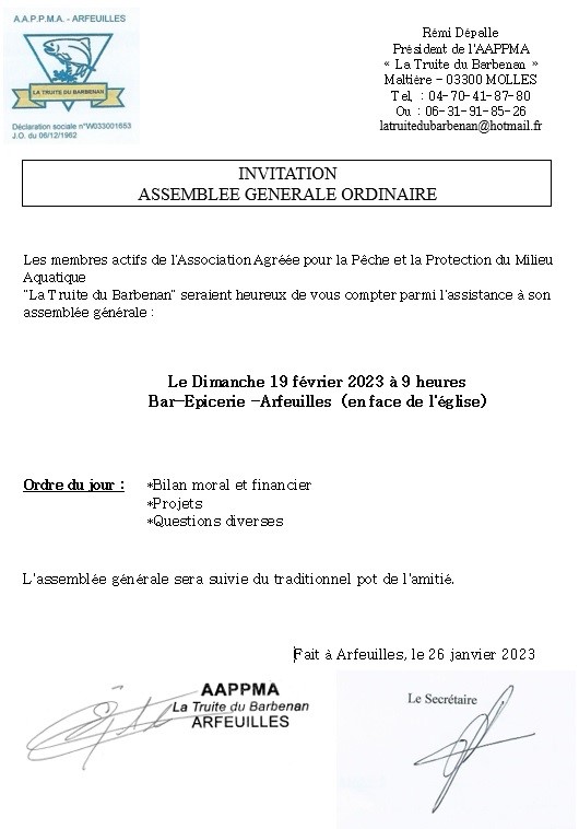 AAPPMA Arfeuilles – AG février 2023