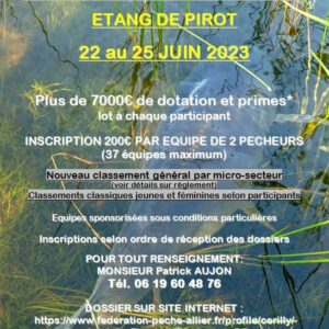 Enduro carpe 72h d’été au plan d’eau de Pirot du 22 au 25 juin 2023