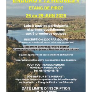 Enduro carpe 72h d’été au plan d’eau de Pirot – du 26 au 29 juin 2025